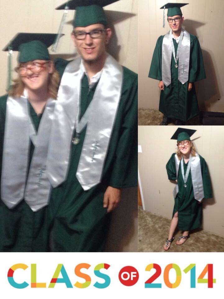 A collage of three pictures: on the left Chelsey and Clint are together and then there a picture of each of them by themselves. They are wearing a cap and gown.