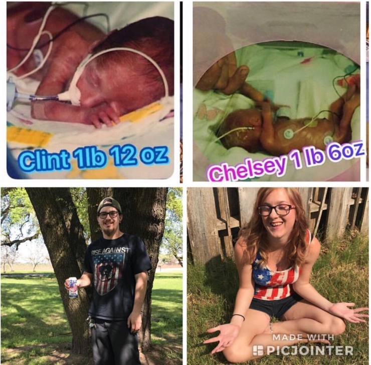 four pictures of Clint and Chelsey. The pictures on the top are Clint and Chelsey as babies. The pictures on bottom are them now at 23. Clint's on the left and Chelsey's on the right.